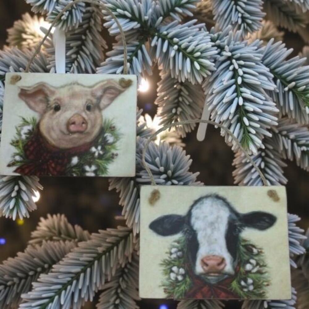 Cow & Pink Pig Ornaments Black White Wooden Farmhouse Rustic Christmas Tree NEW